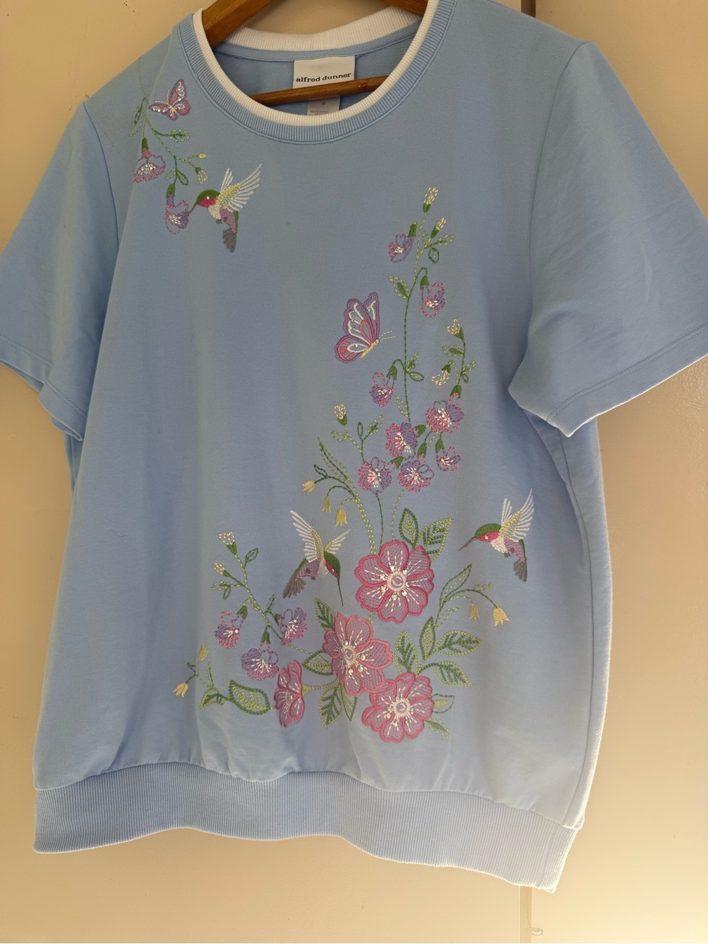 Alfred Dunner Light Blue Short-Sleeve Embroidered Floral & Hummingbird Top